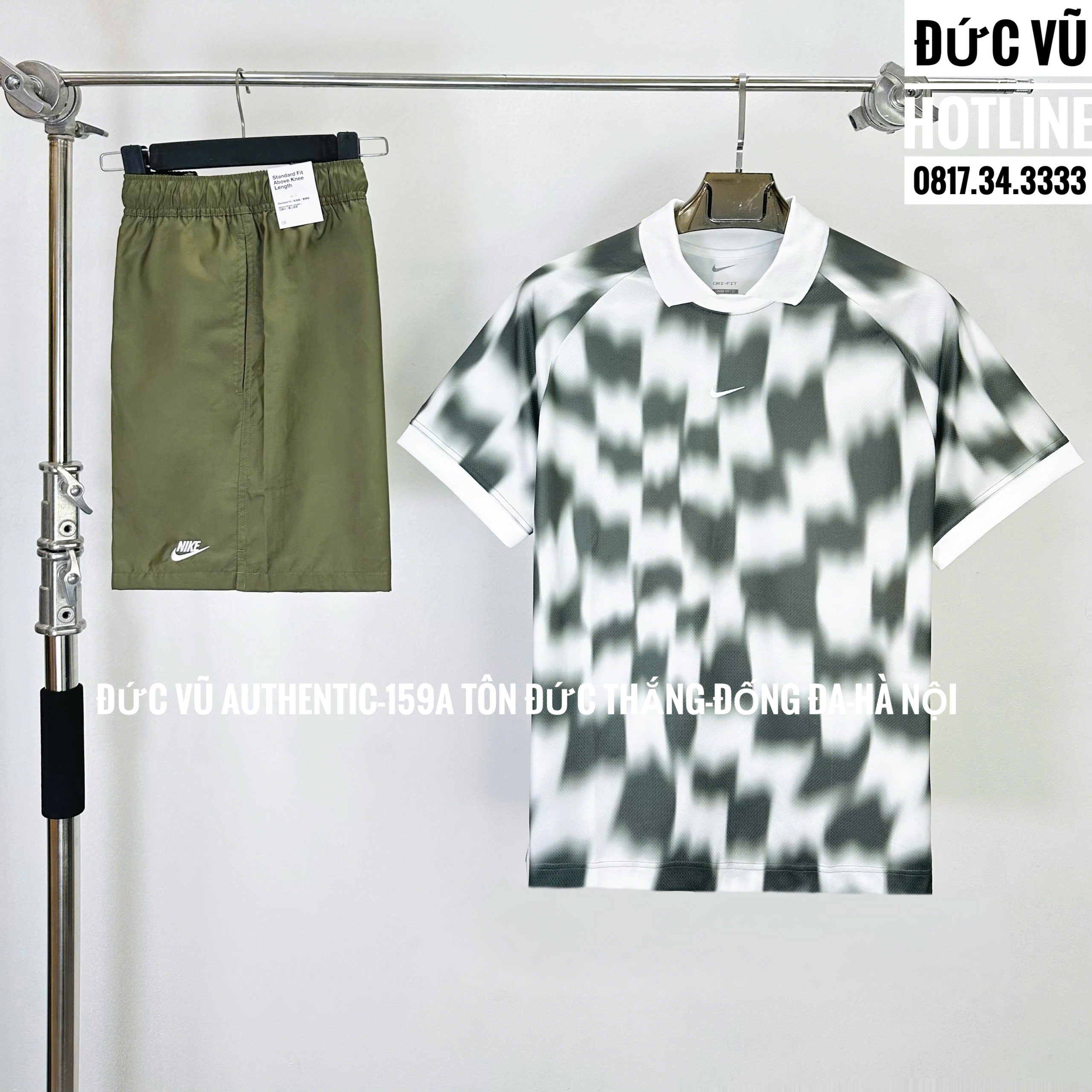 Set thể thao nam Nike: Áo Polo họa tiết đen trắng + Quần short xám trơn