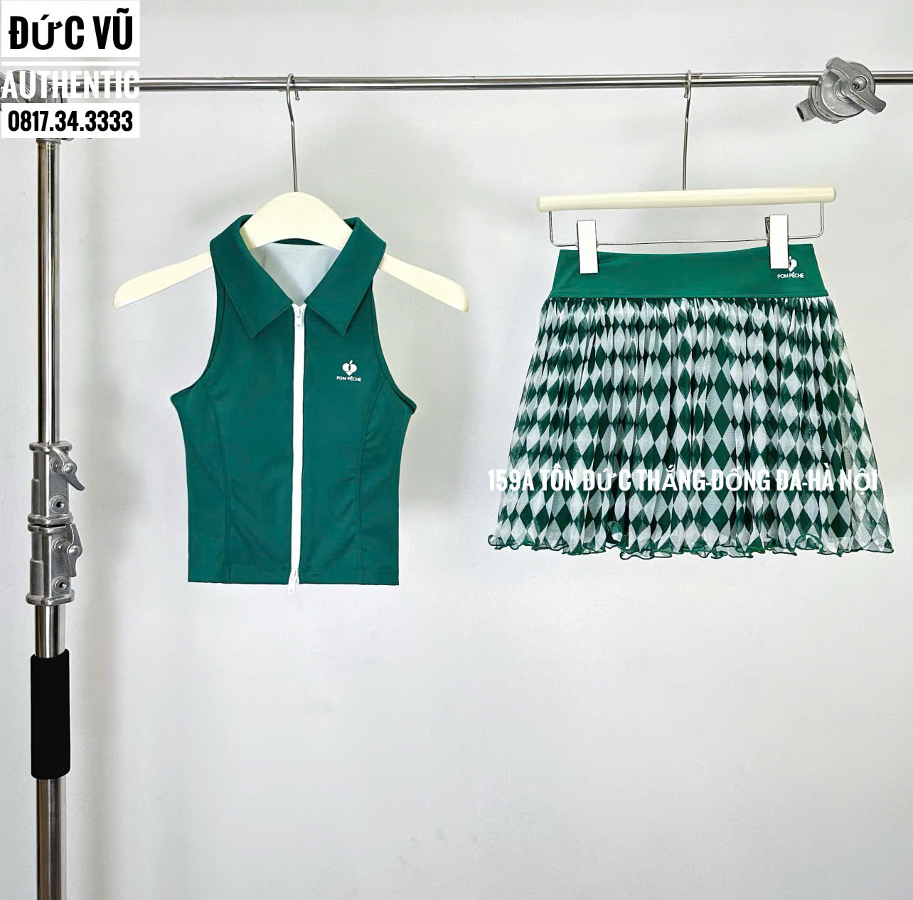 Set Váy Tennis POM PÊCHE Xanh Rêu Caro Nổi Bật