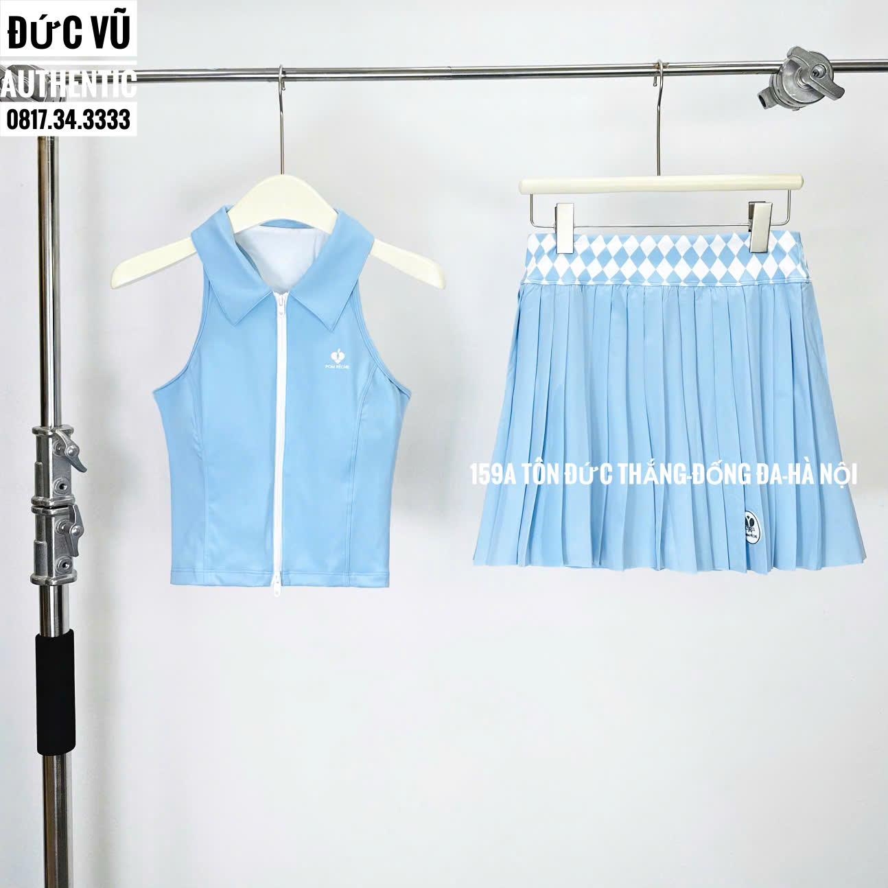 Set Váy Tennis POM PÊCHE Xanh Baby Caro Trẻ Trung