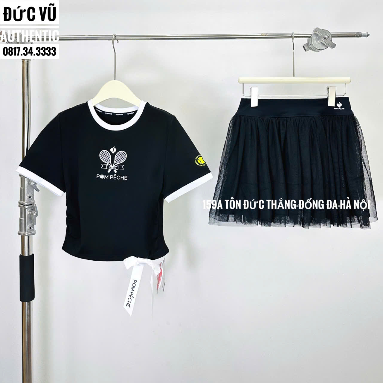 Set Váy Tennis POM PÊCHE Đen Viền Trắng Cá Tính