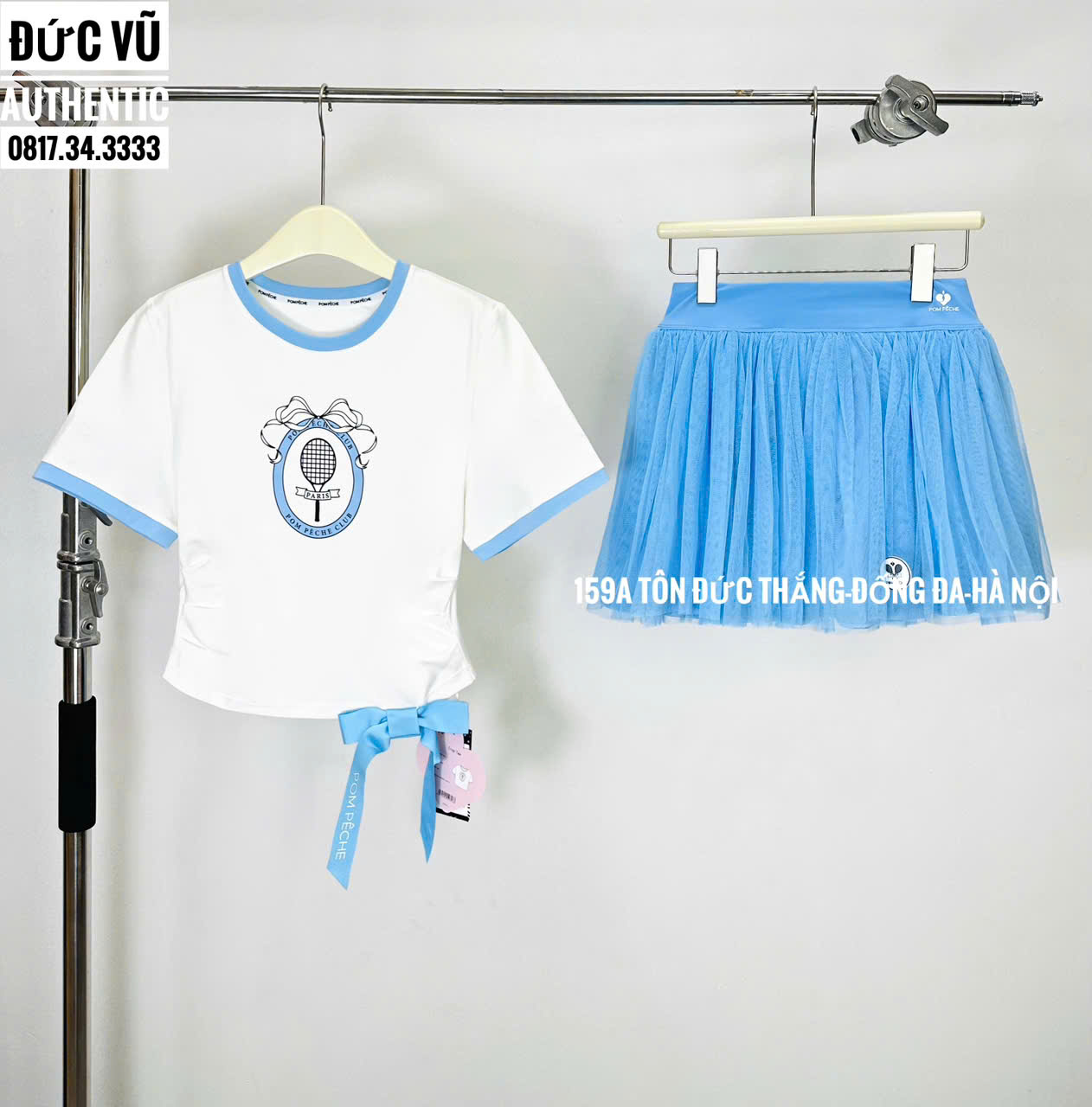 Set Váy Tennis POM PÊCHE Trắng Xanh Baby Dễ Thương
