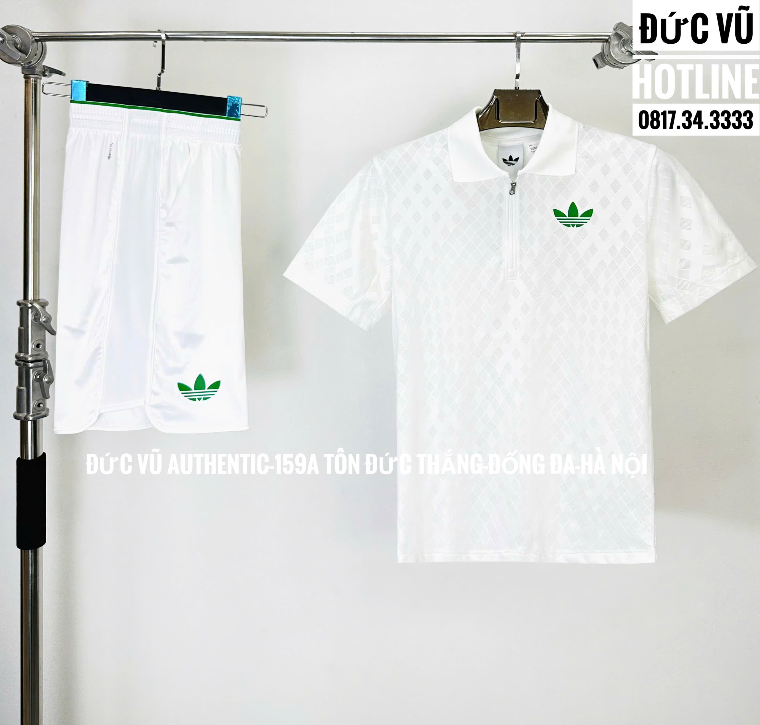 Set thể thao Adidas trắng caro chìm – cổ polo zip