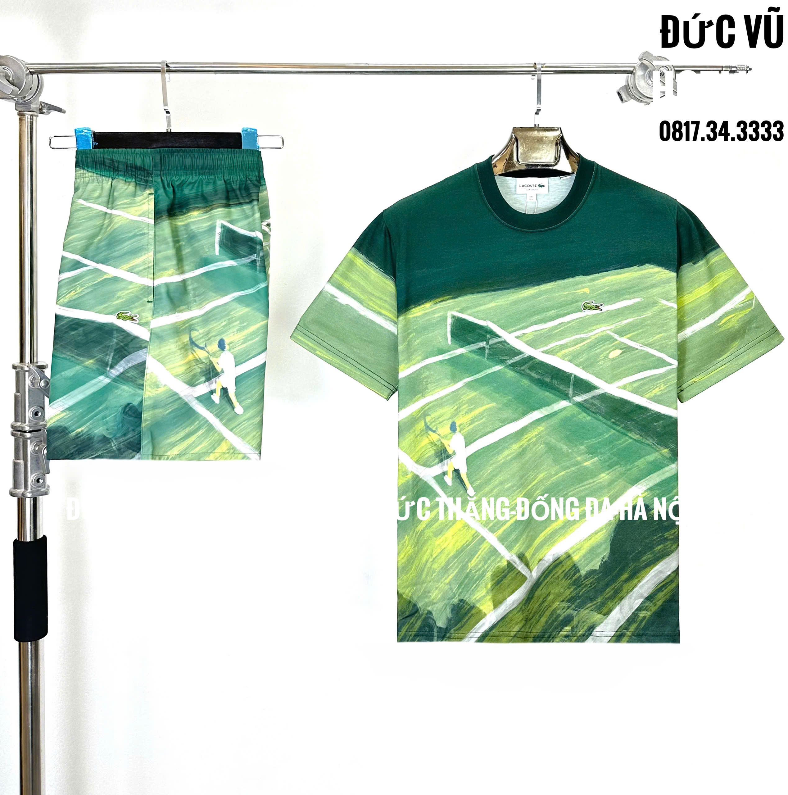 Set thể thao Lacoste họa tiết sân tennis xanh rêu