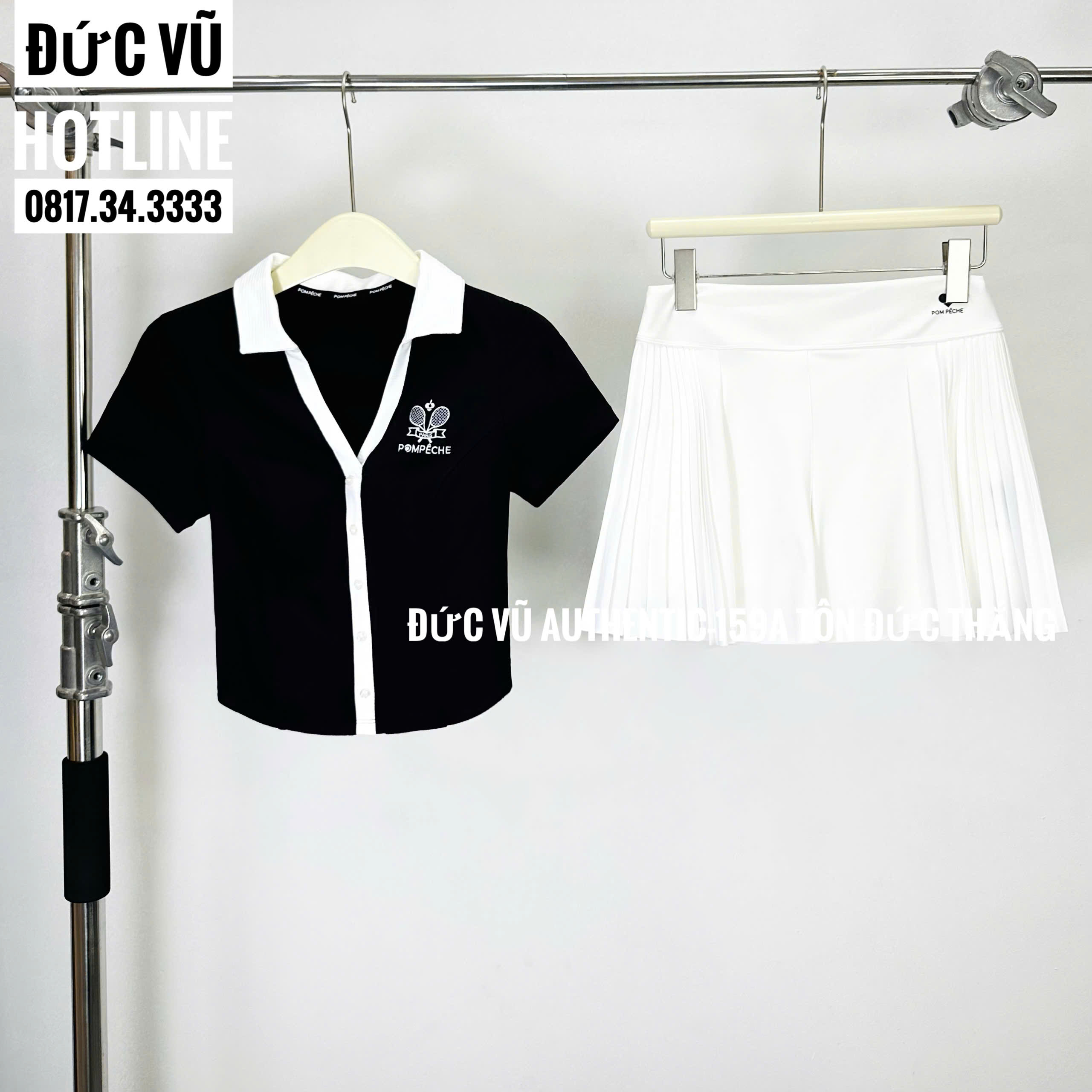 Set Áo Croptop Cài Nút & Váy Tennis Trắng POM PÊCHE – Black/White
