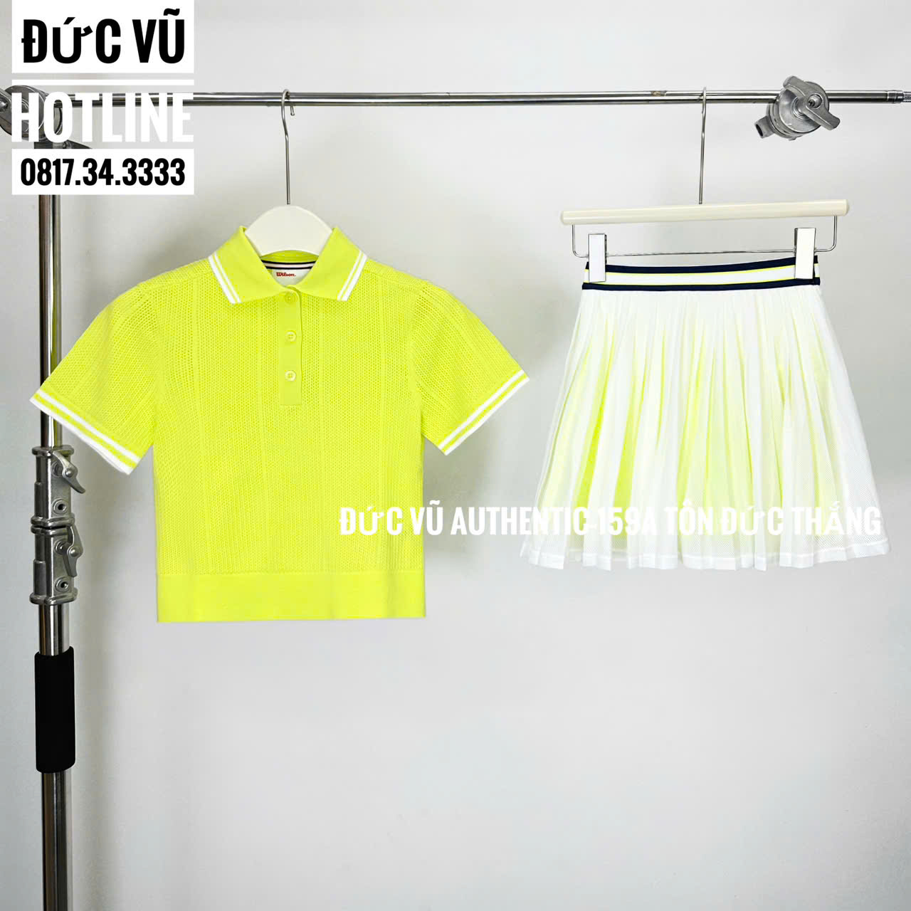 Set thể thao nữ Wilson polo lưới vàng neon & váy tennis phối màu