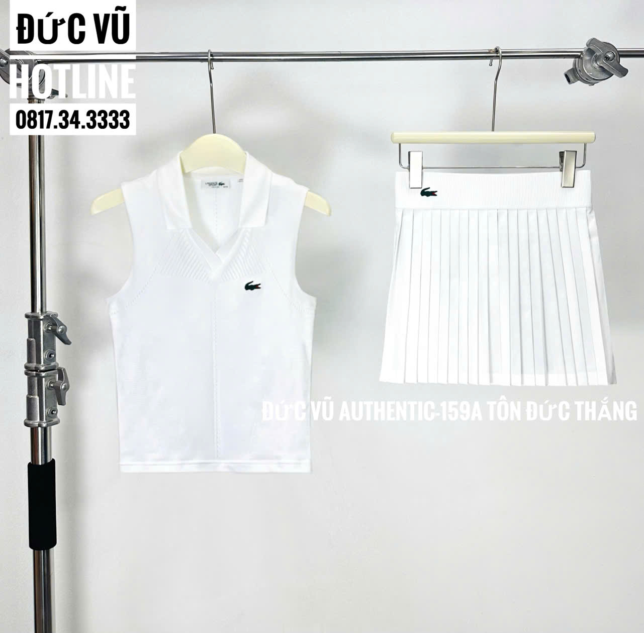Set Lacoste nữ – Áo gile polo không tay & Chân váy tennis xếp ly trắng