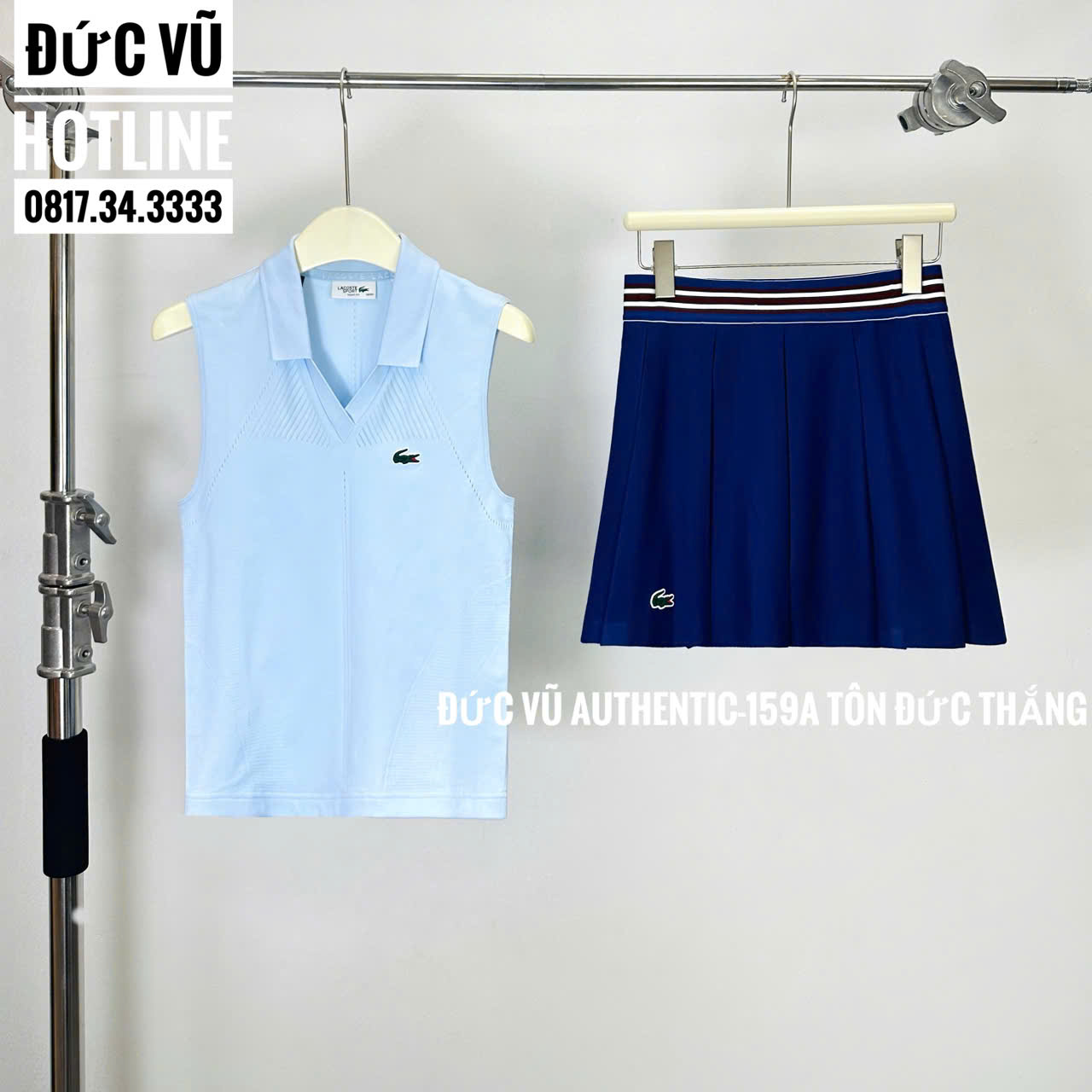 Set Lacoste nữ – Áo gile polo xanh baby & Chân váy tennis xanh navy