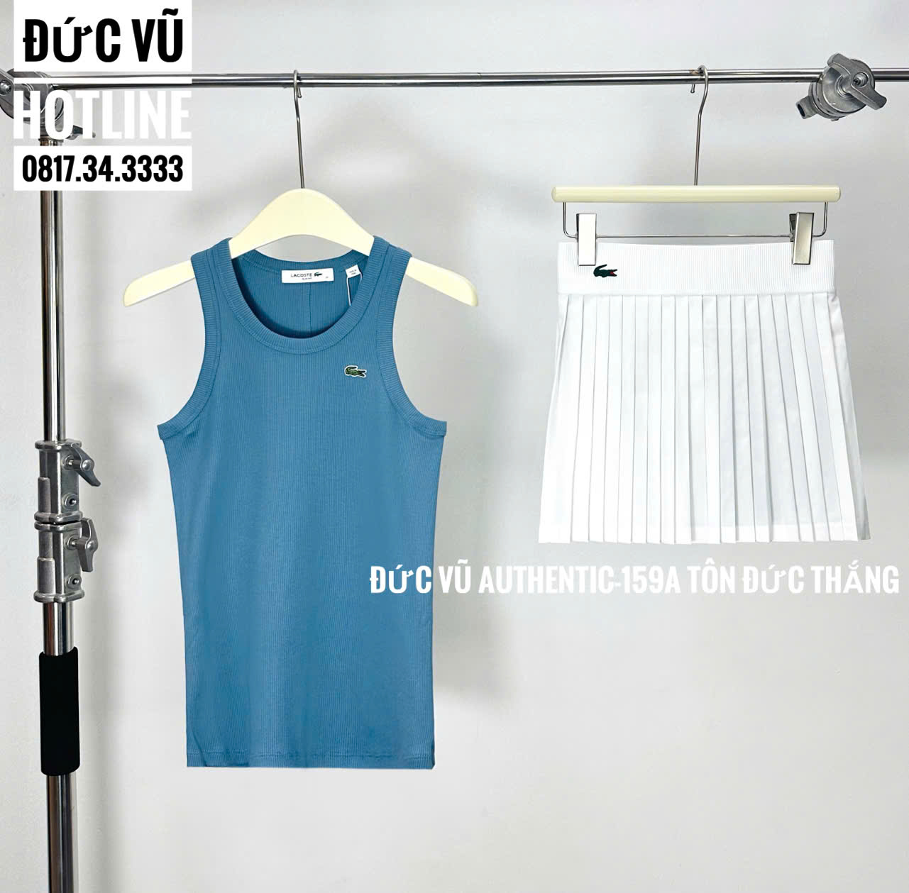 Set Lacoste nữ – Áo tank top xanh dương & Chân váy tennis xếp ly