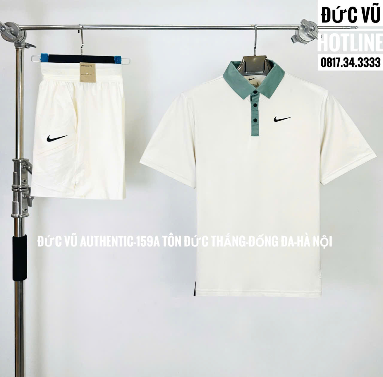 Set thể thao nam Nike Court polo trắng cổ xanh rêu