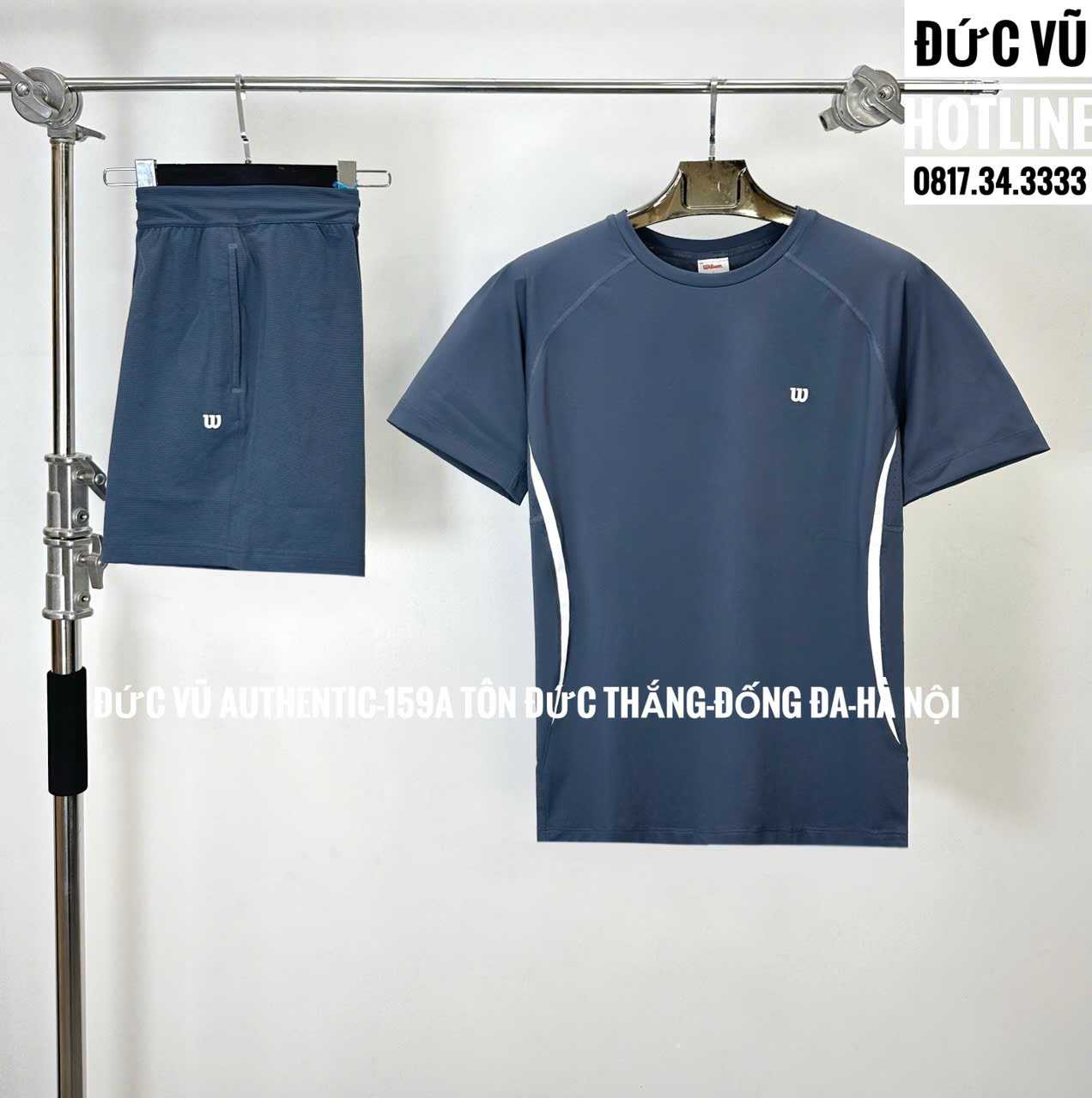 Set tennis nam Wilson – Áo thun xanh navy & quần short đồng màu