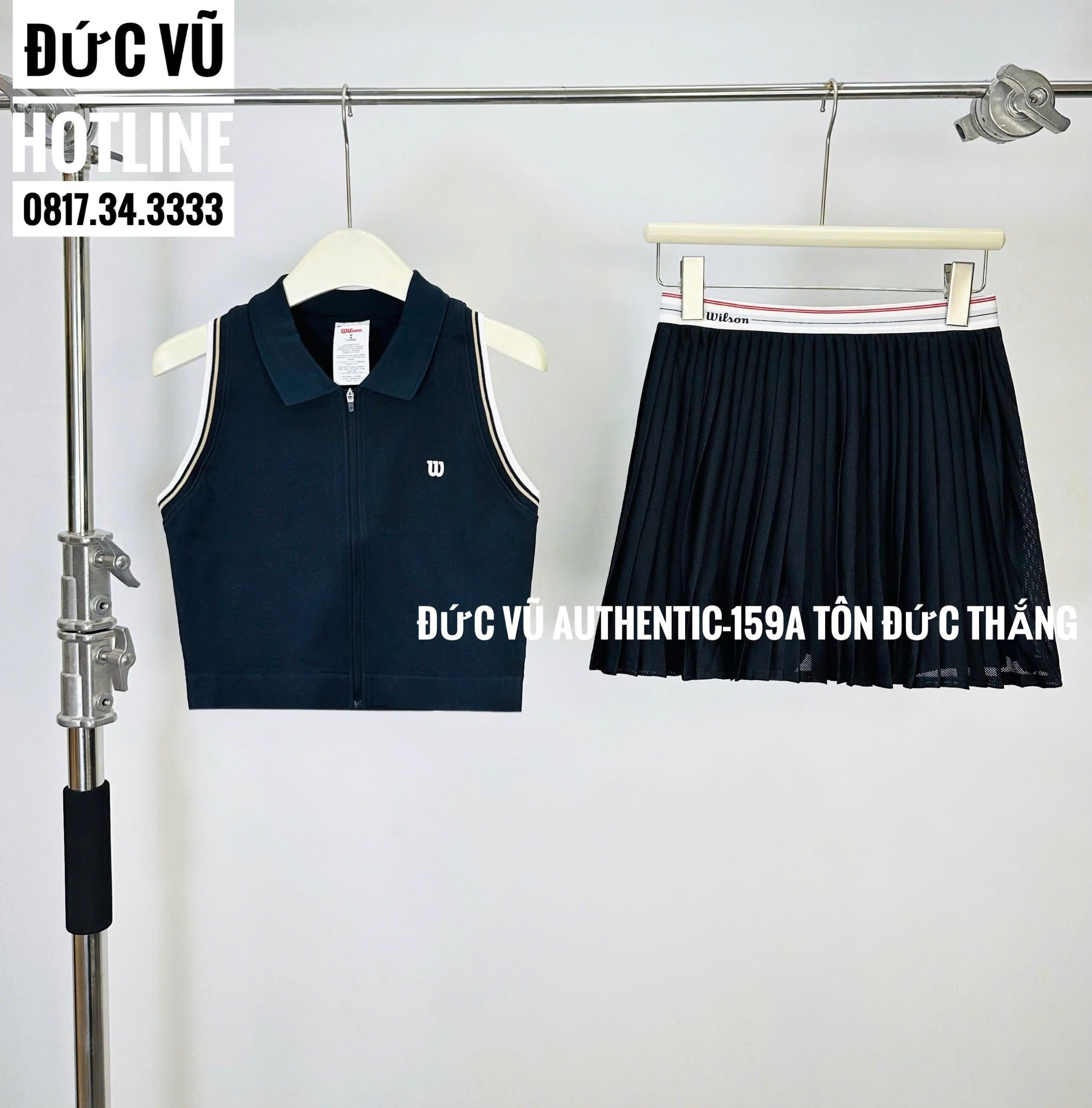 Set đồ tennis nữ Wilson – Áo polo không tay & Chân váy xếp ly (Đen)