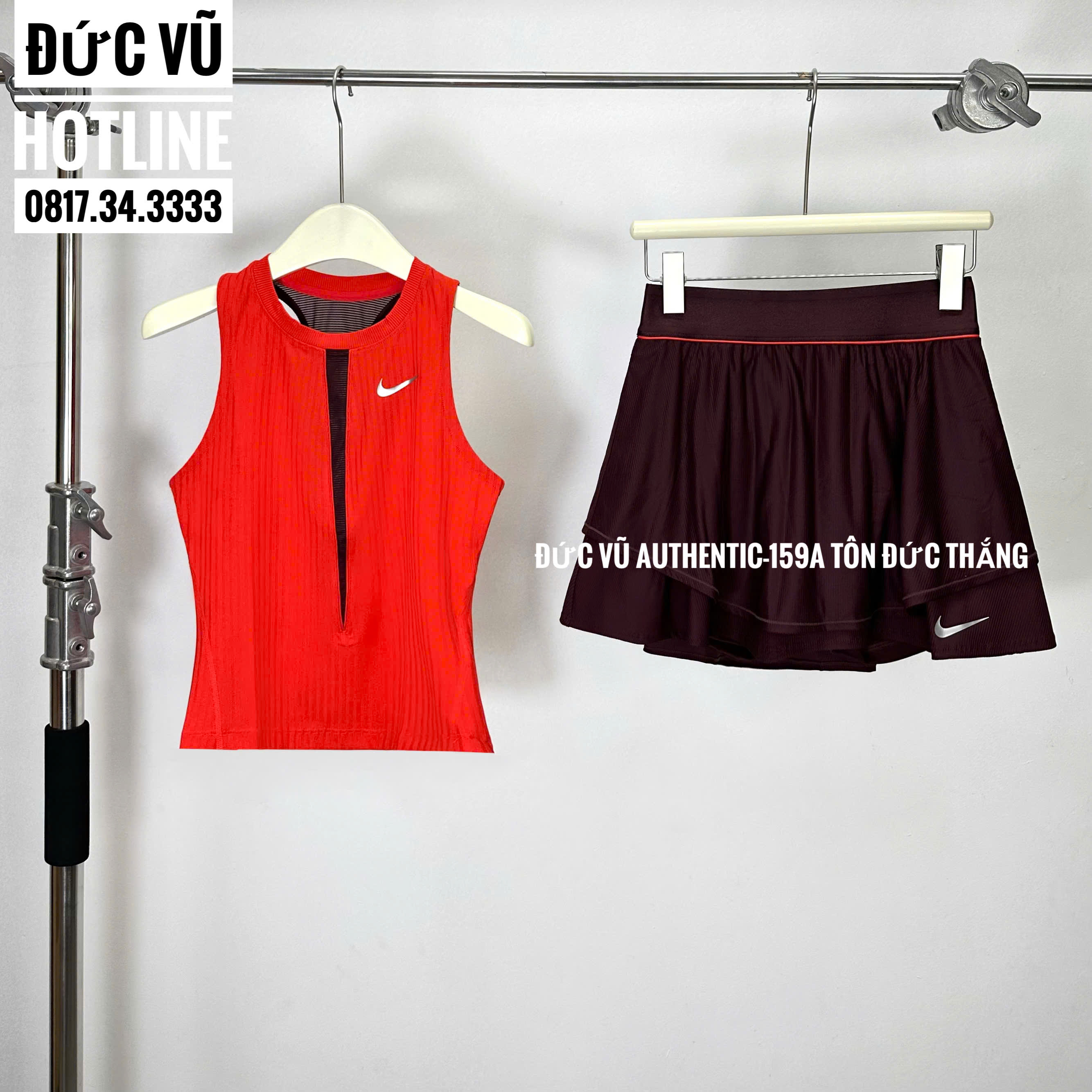 Set áo tank top thể thao đỏ + chân váy tennis Nike màu đen