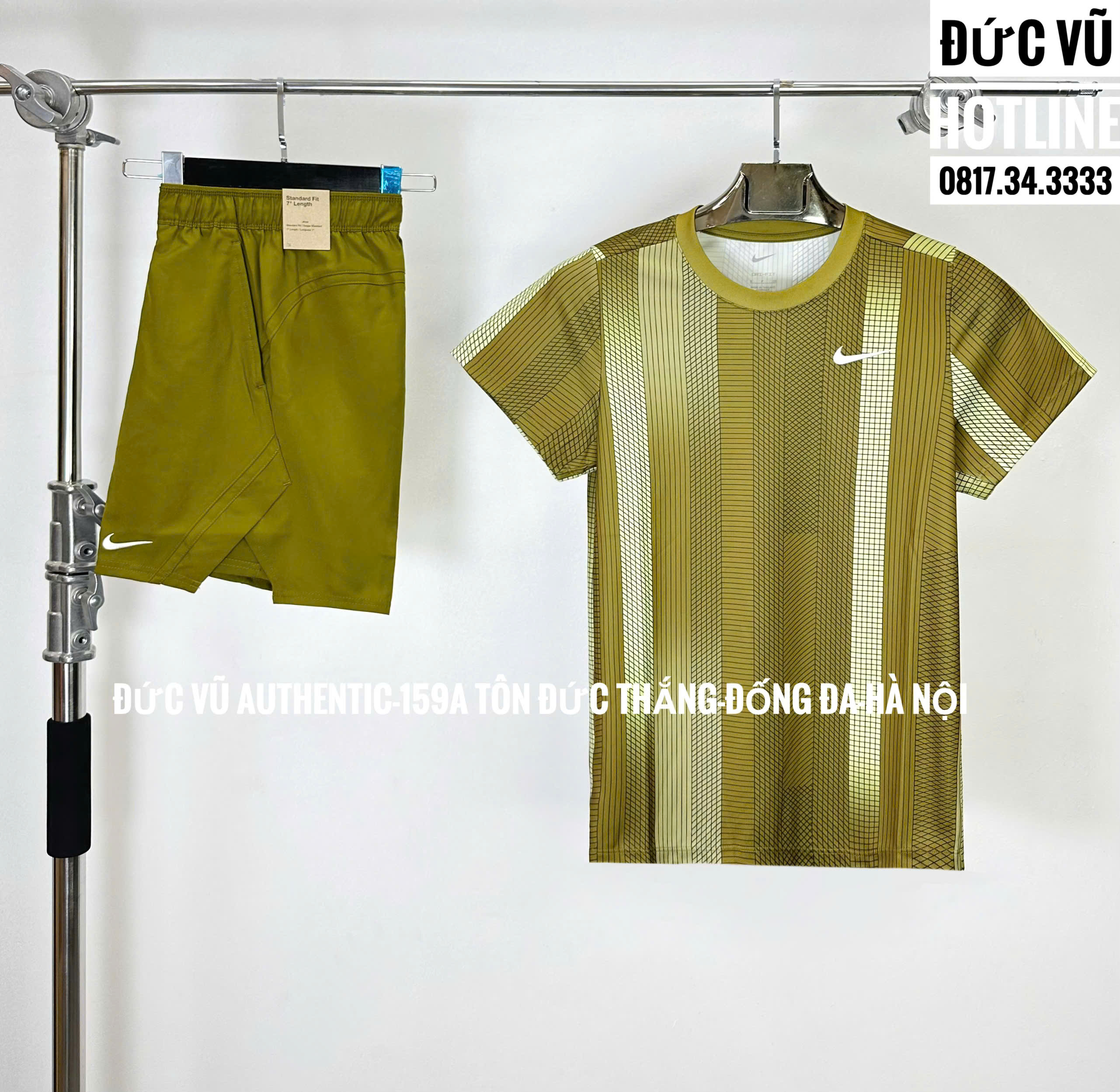 Set áo thun thể thao Nike họa tiết + quần short xanh rêu