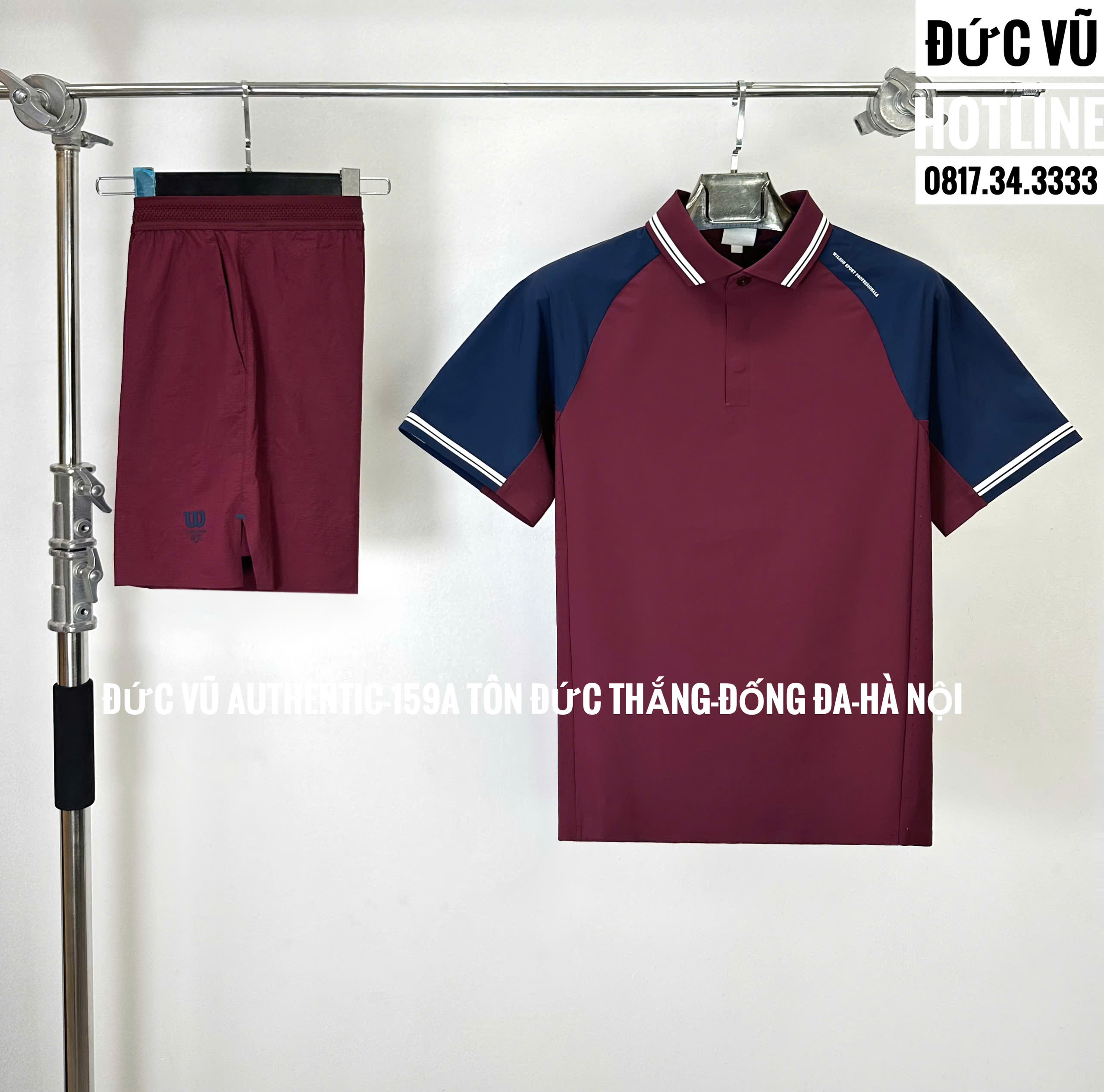 Set thể thao nam Wilson phối màu đỏ đô – xanh navy (áo polo + quần short)