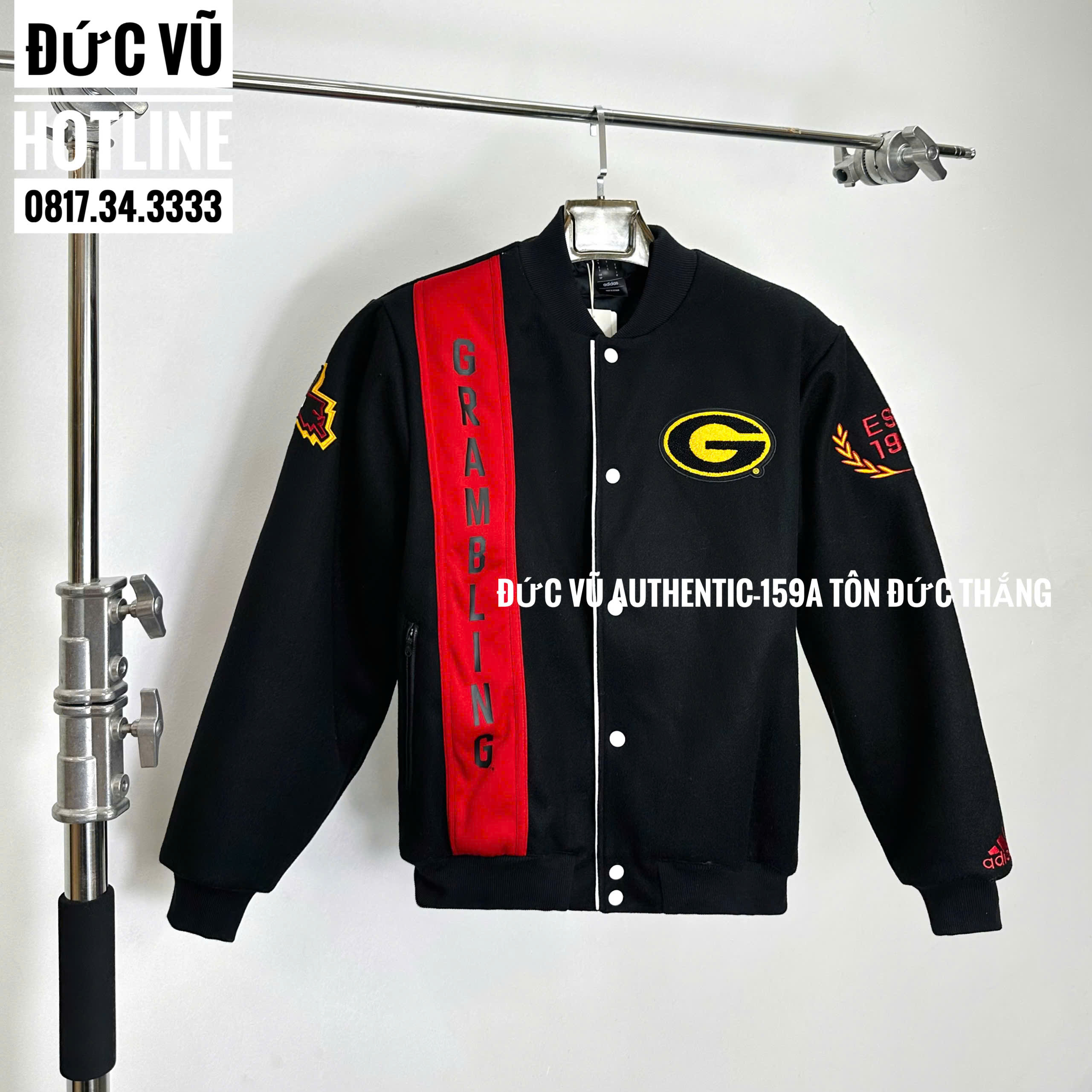 Áo khoác bóng chày varsity “GRAMBLING” phối đỏ – đen