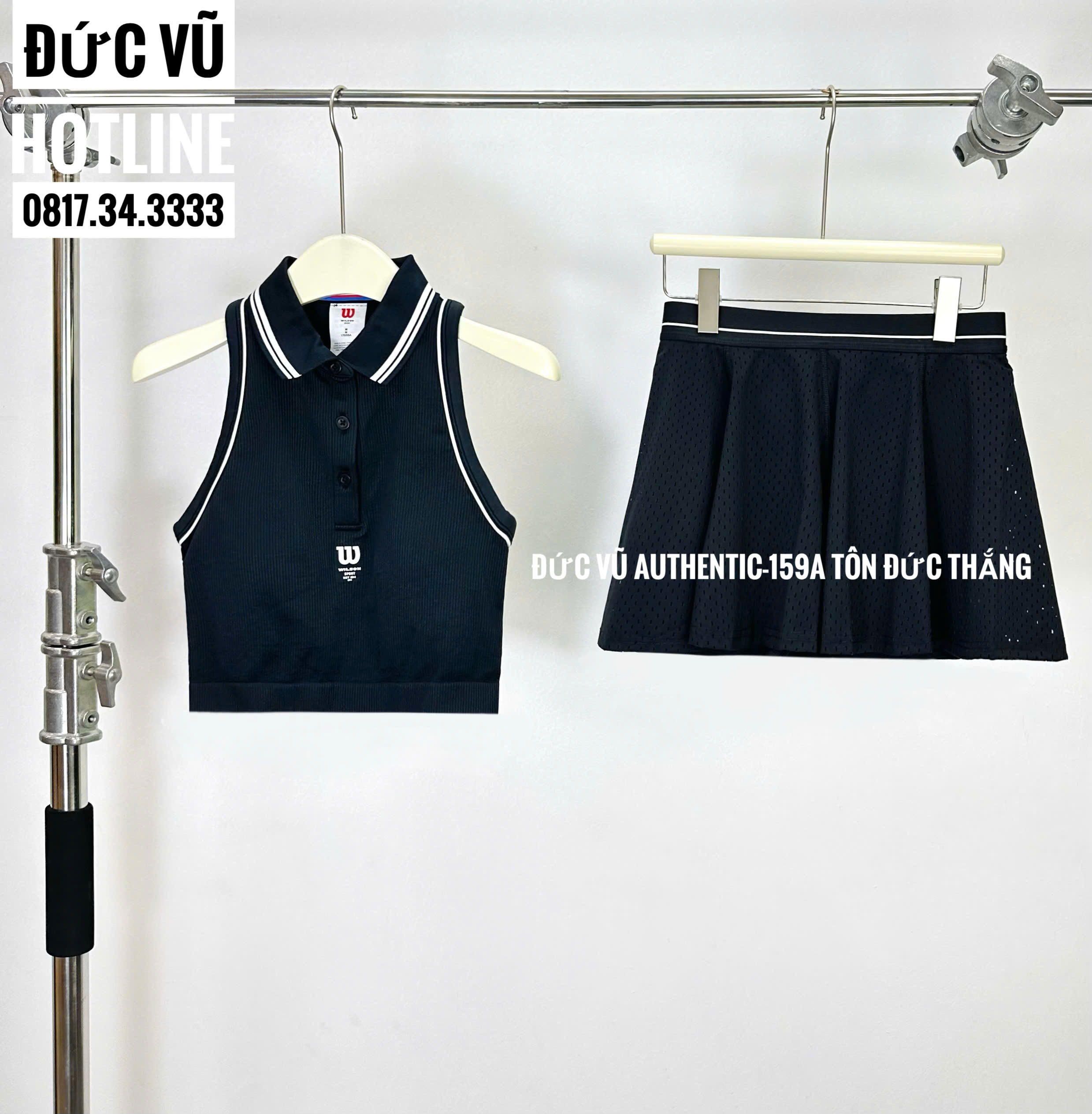 Set áo polo croptop không tay và chân váy tennis màu đen