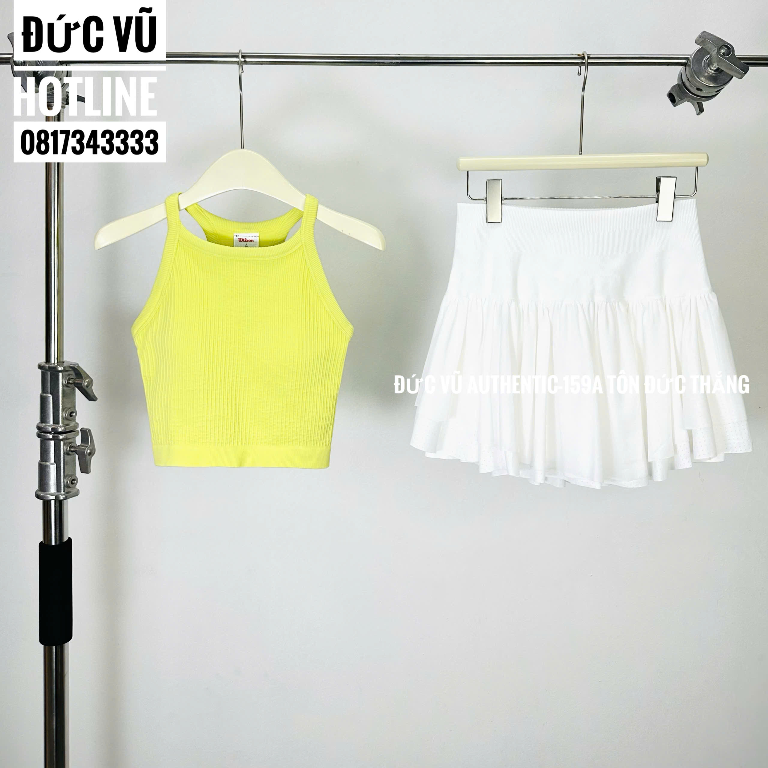 Set thể thao nữ tanktop vàng neon phối chân váy tennis trắng xếp ly