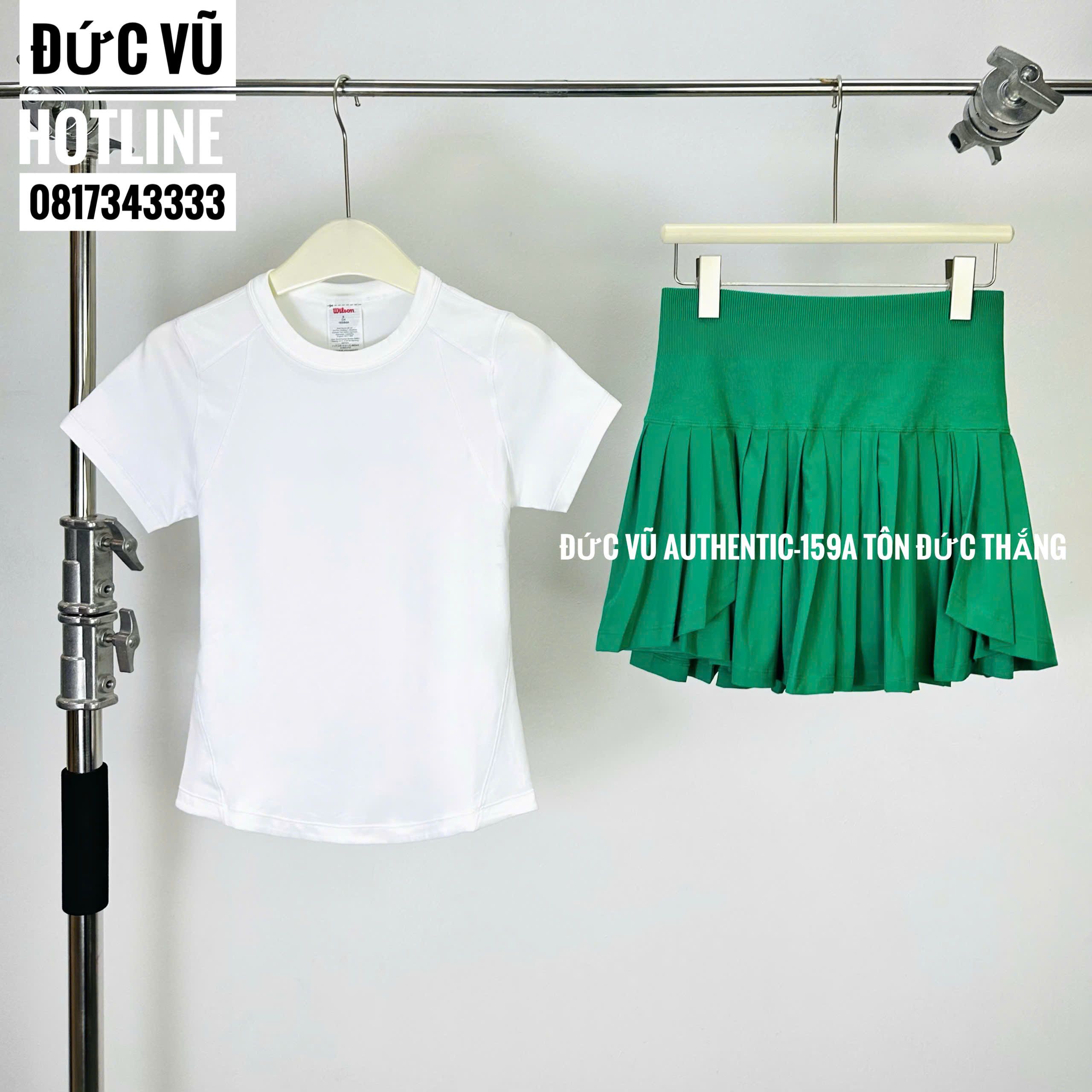 Set thể thao nữ áo thun trắng phối chân váy tennis xanh lá