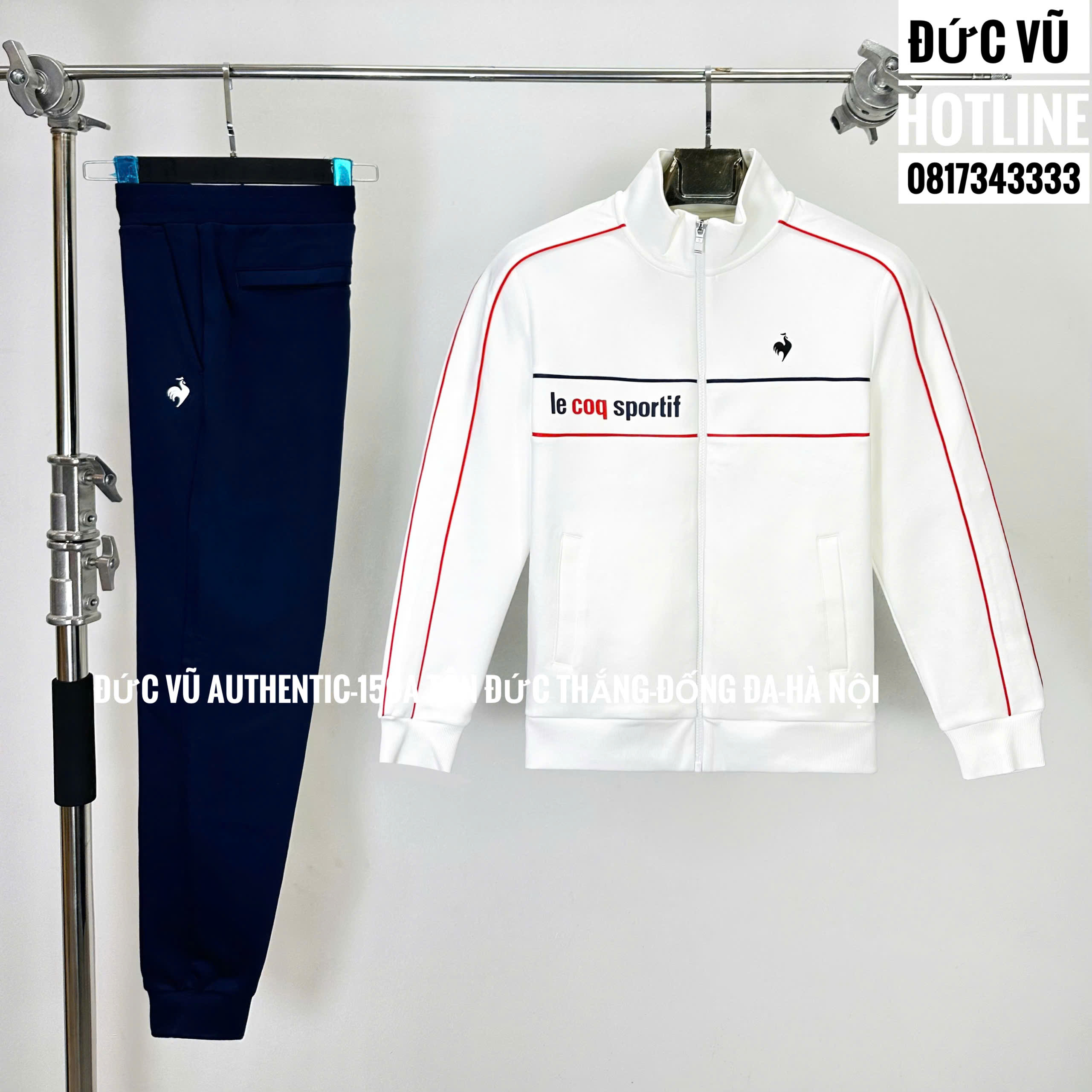 Set thể thao Le Coq Sportif nam – Áo khoác trắng phối quần jogger xanh navy