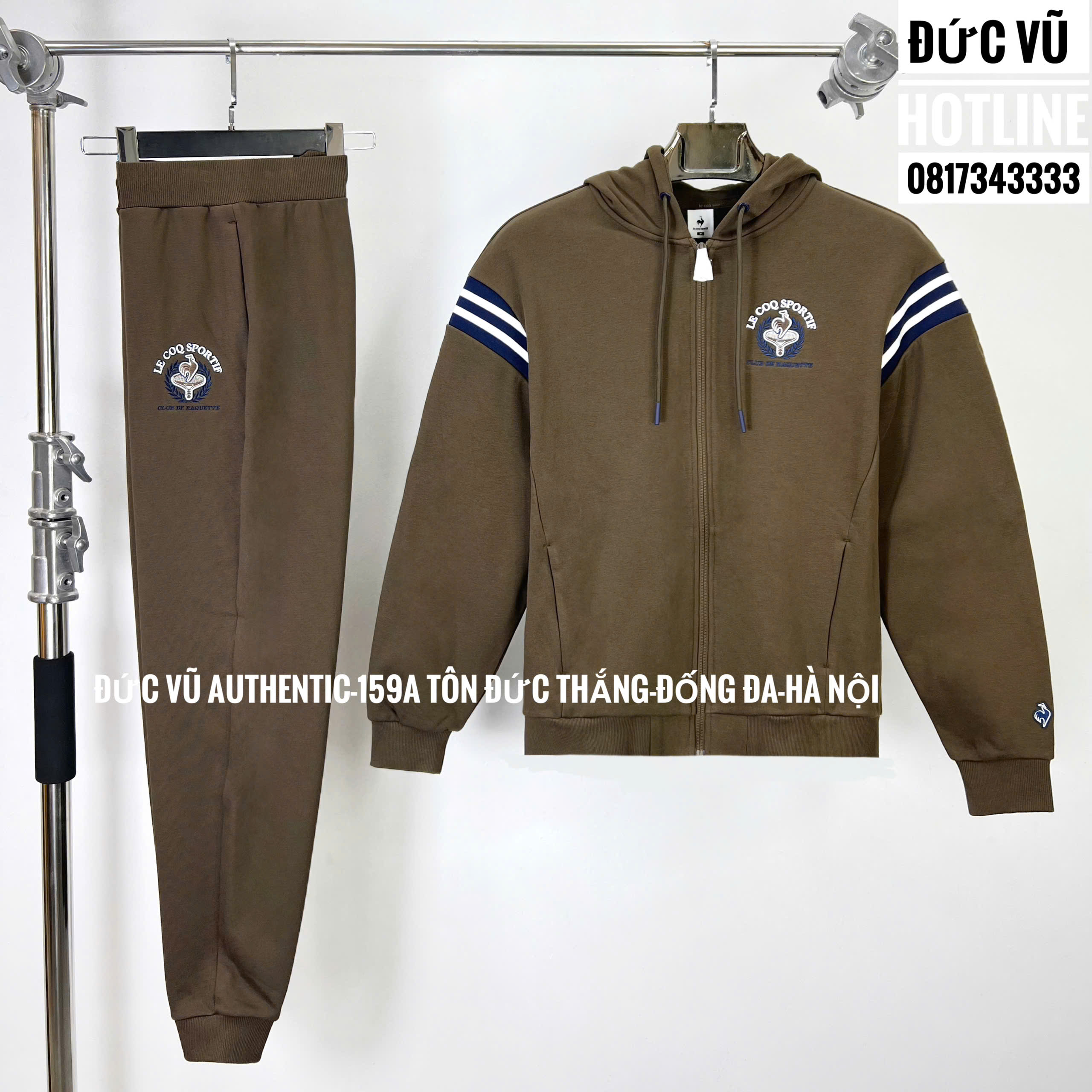 Bộ nỉ Le Coq Sportif phối sọc tay màu nâu