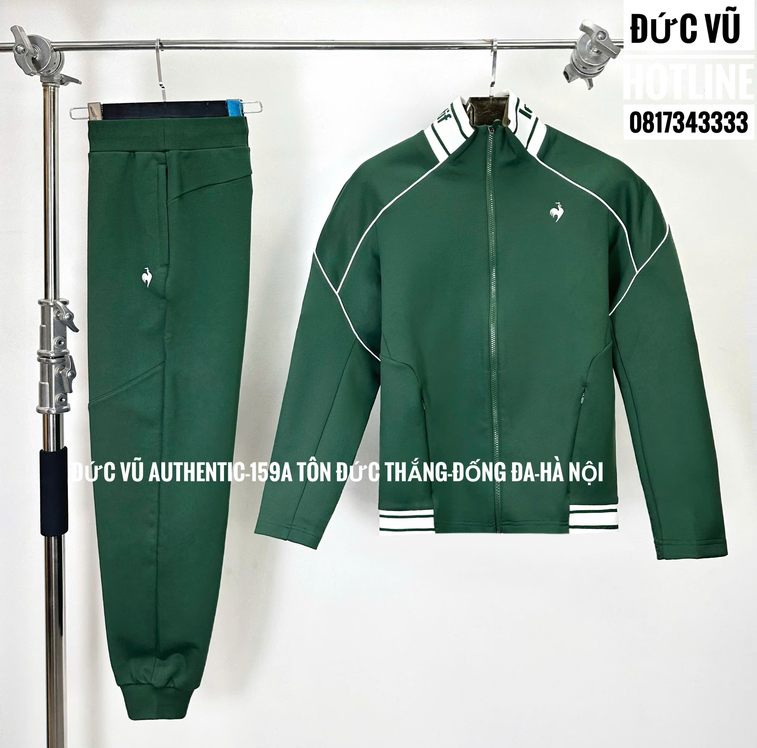 Set thể thao nam Le Coq Sportif xanh rêu cổ cao viền trắng
