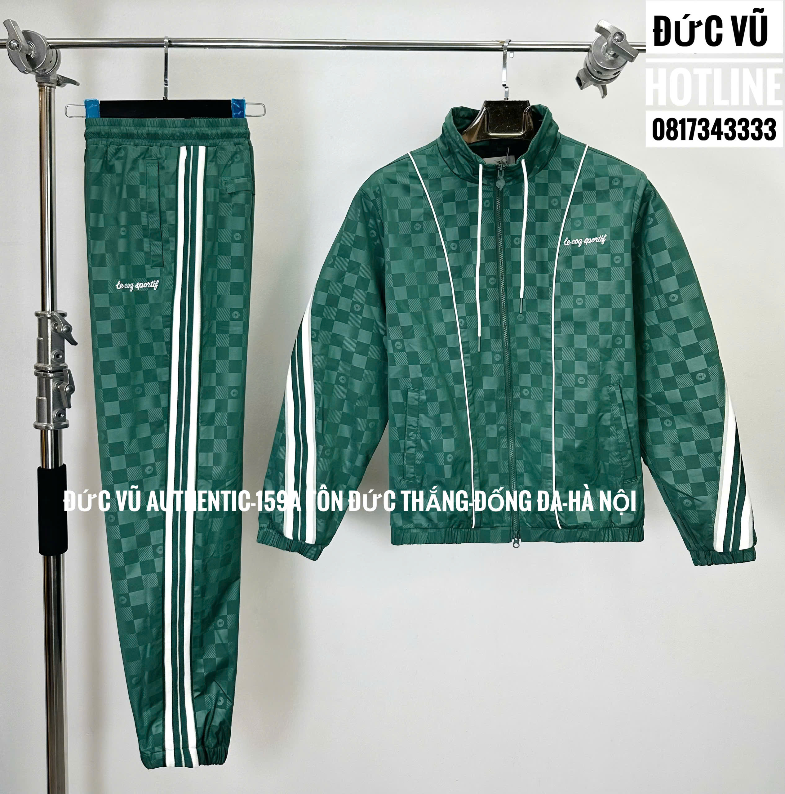 Set thể thao Le Coq Sportif caro xanh lá – phong cách street sporty cao cấp